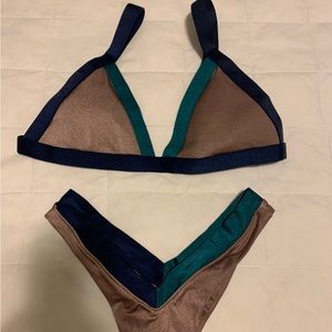 👙ONE ONE Womens Colorblock Bikini Bronze/Blue/Green Size L Adjustable St…